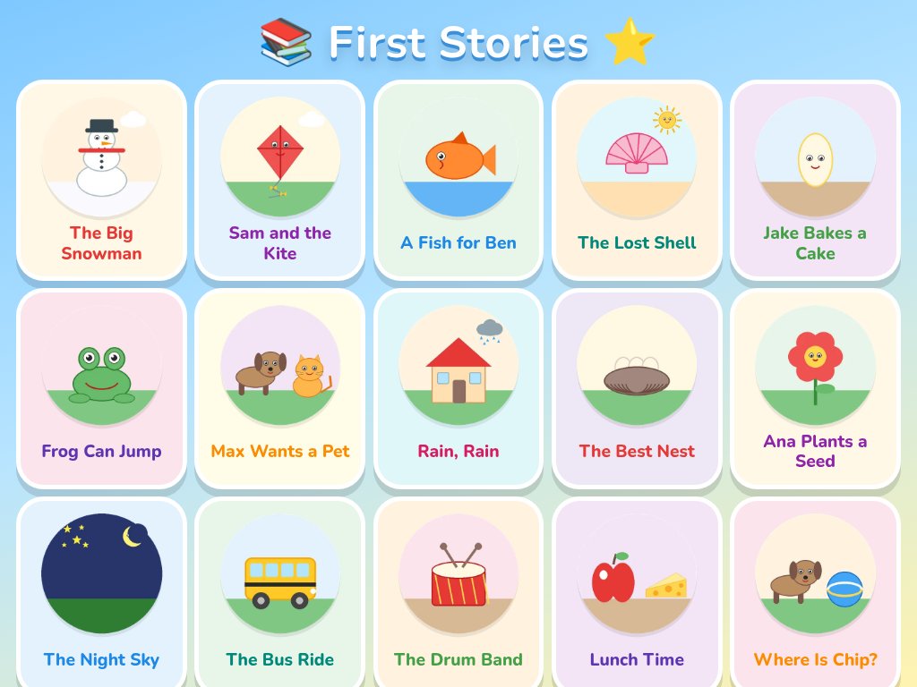 The First Stories book shelf with colorful picture book covers, such as The Big Snowman and Sam and the Kite