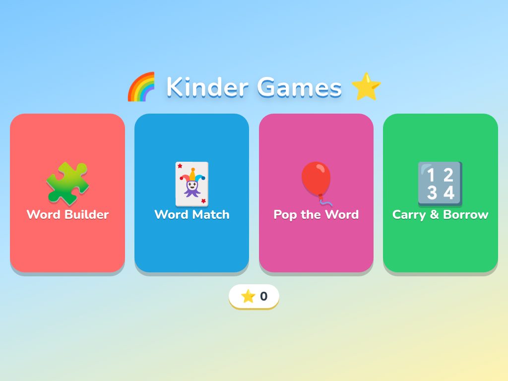 The Kinder Games menu with four games: Word Builder, Word Match, Pop the Word, and Carry and Borrow