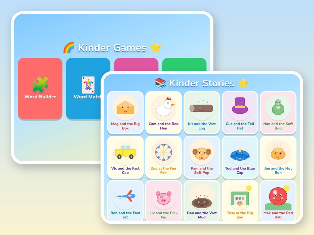 The Kinder Games menu and the Kinder Stories book shelf
